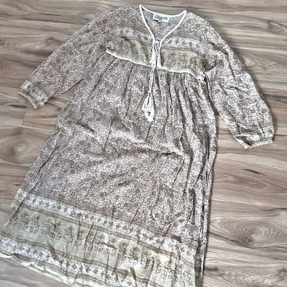 CHOWCHILLA VINTAGE | Boho Hippie Beige Floral maxi Dress Beige Tan Tassel | Smal - Picture 3 of 8